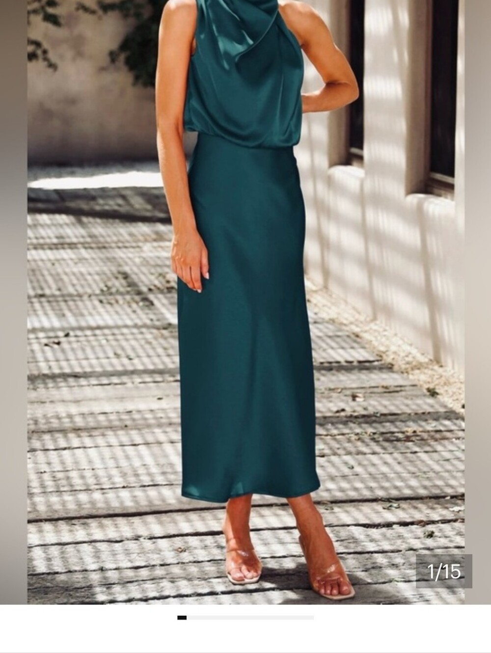 Sleeveless Teal Satin Midi Dress with Draped Neck